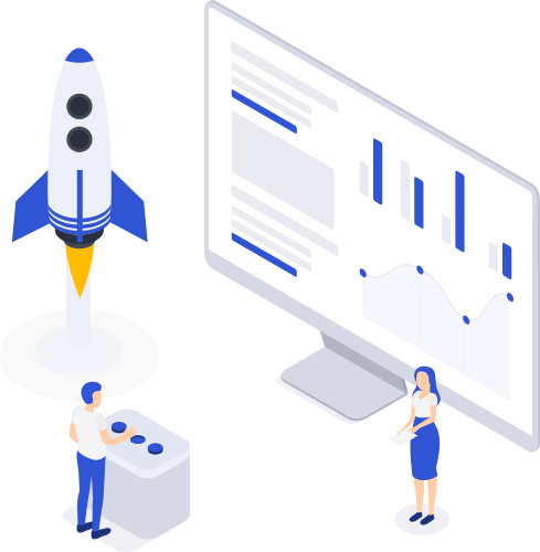 An illustration about digital management. Two people in front of a monitor and a rocket, a control panel.
