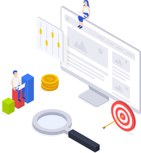An illustration about digital marketing and link management. A dart, coins, a magnifying glass, a control panel, a monitor, and two people around it.